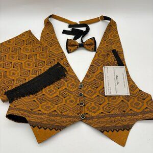 Handmade African Print Kente Vest Scarf Bow Tie Pocekt Square Amber/Burnt Orange